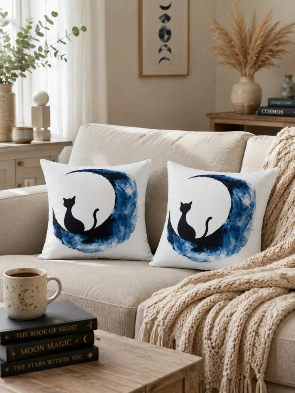 Set 2 Black Cat Blue Moon Pillow Covers 18x18 Halloween Fall Spooky Chic